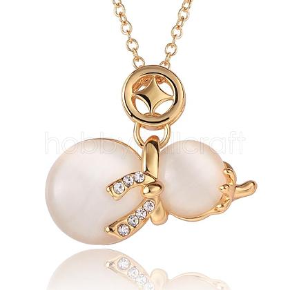 Real 18K Gold Plated Eco-Friendly Tin Alloy Cat Eye Calabash Pendant Necklaces NJEW-BB09555-G-1